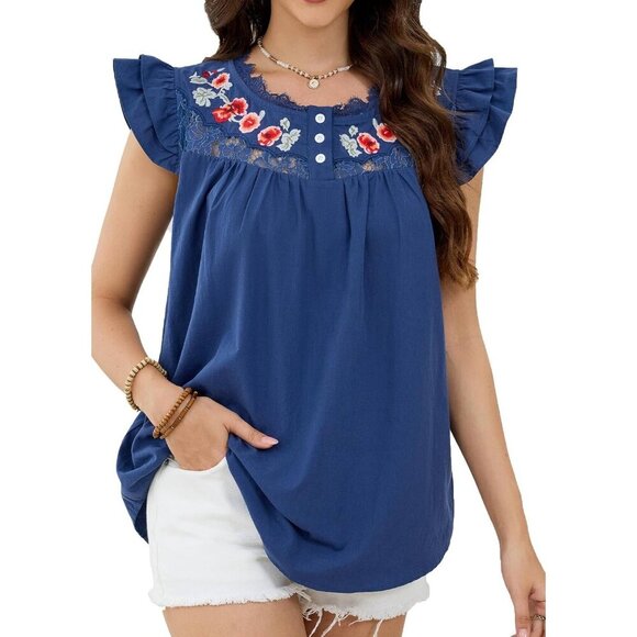 Tops - Women Cotton Boho Blouse Lace Embroidered Ruffle Short Sleeve Top Casual